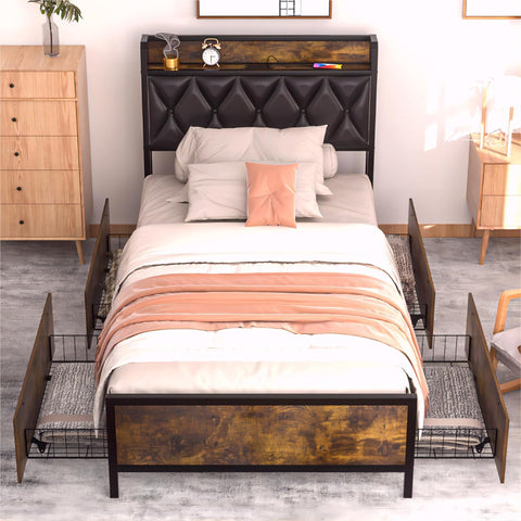 Reliancer 4 Storage Drawers Twin Bed Frame with Charging Station