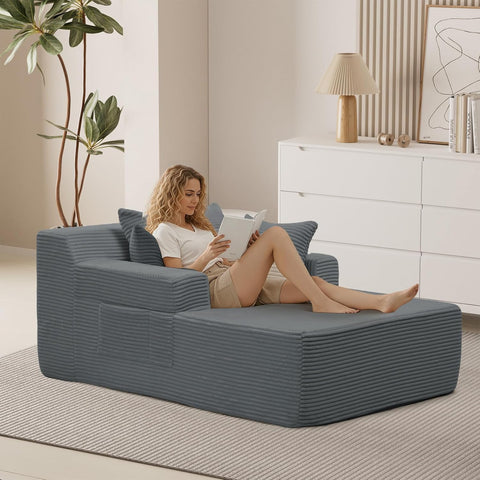 Reliancer Oversized Chaise Lounge Chair Indoor, Corduroy Upholstered Sofa Bed, Grey